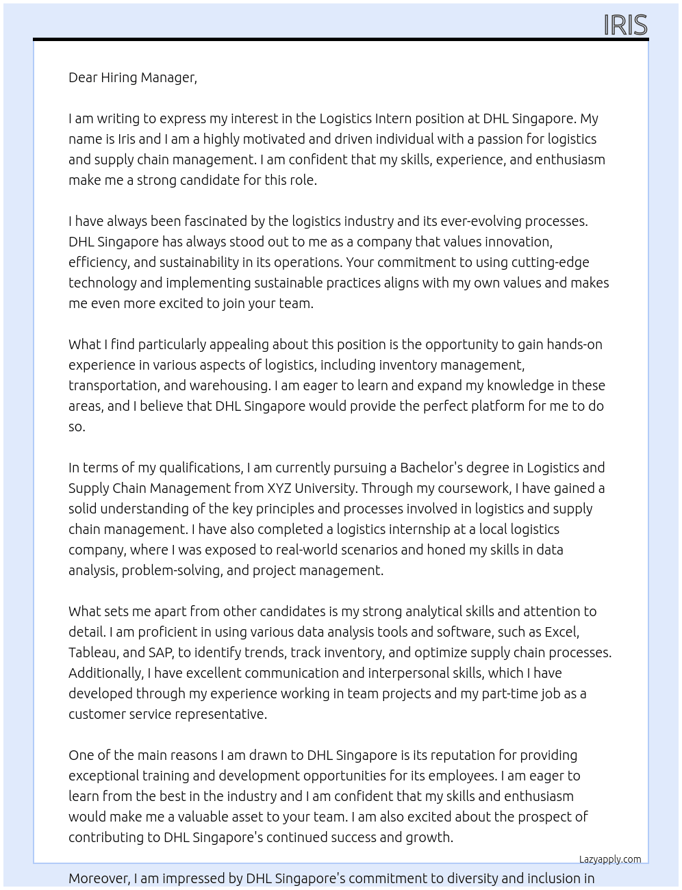 Logistics Intern At DHL Singapore Cover Letter