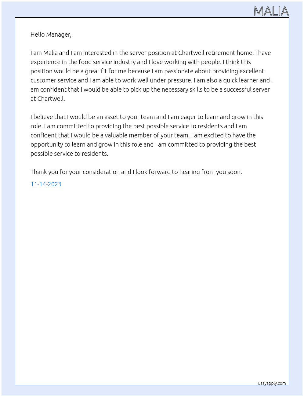 server at chartwell retirement home At Chartwell Cover Letter