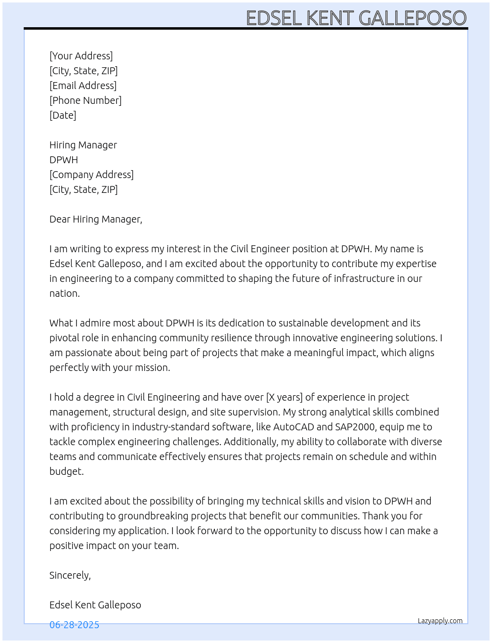 civil engineer At DPWH Cover Letter