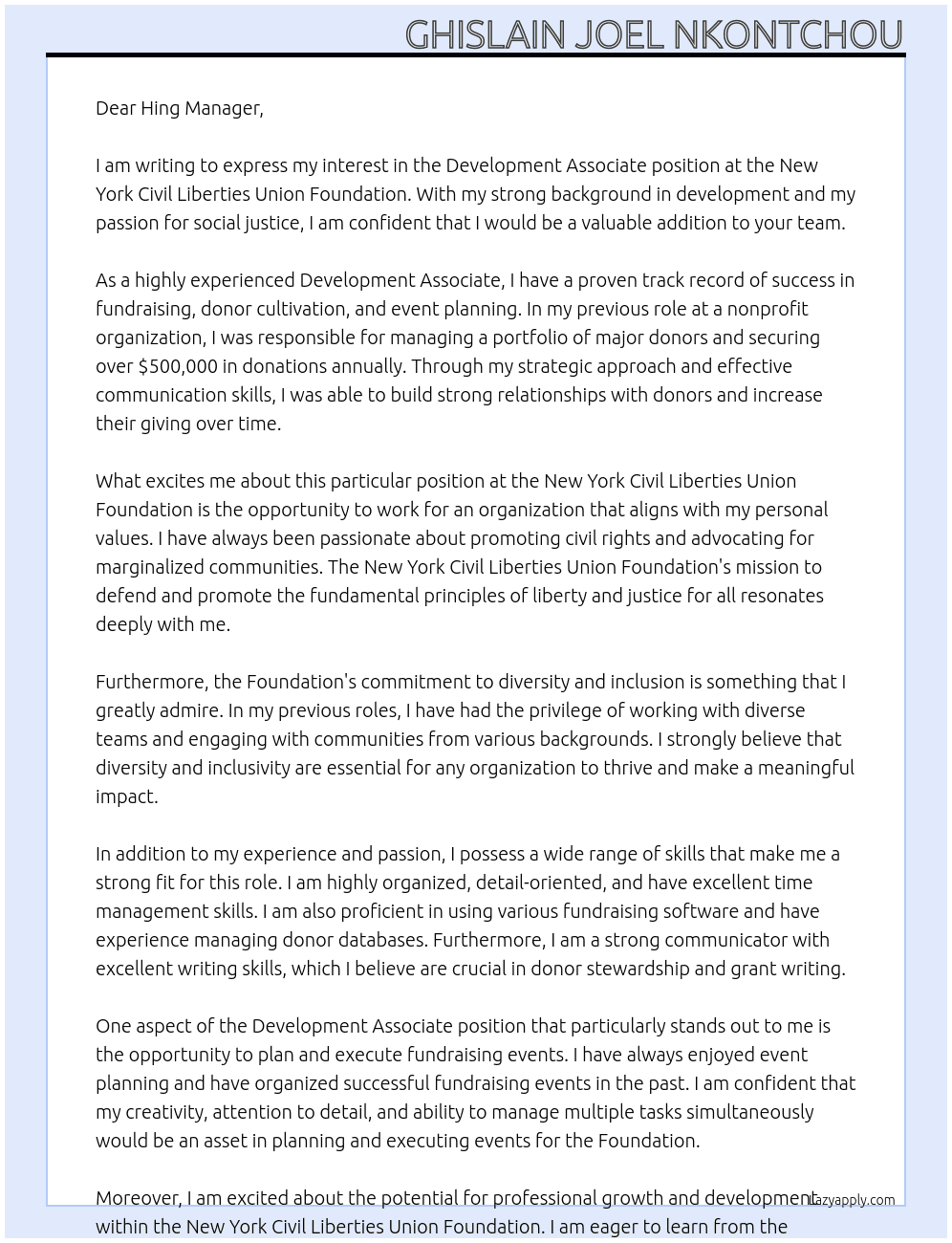 Development Associate At New York Civil Liberties Union Foundation Cover Letter