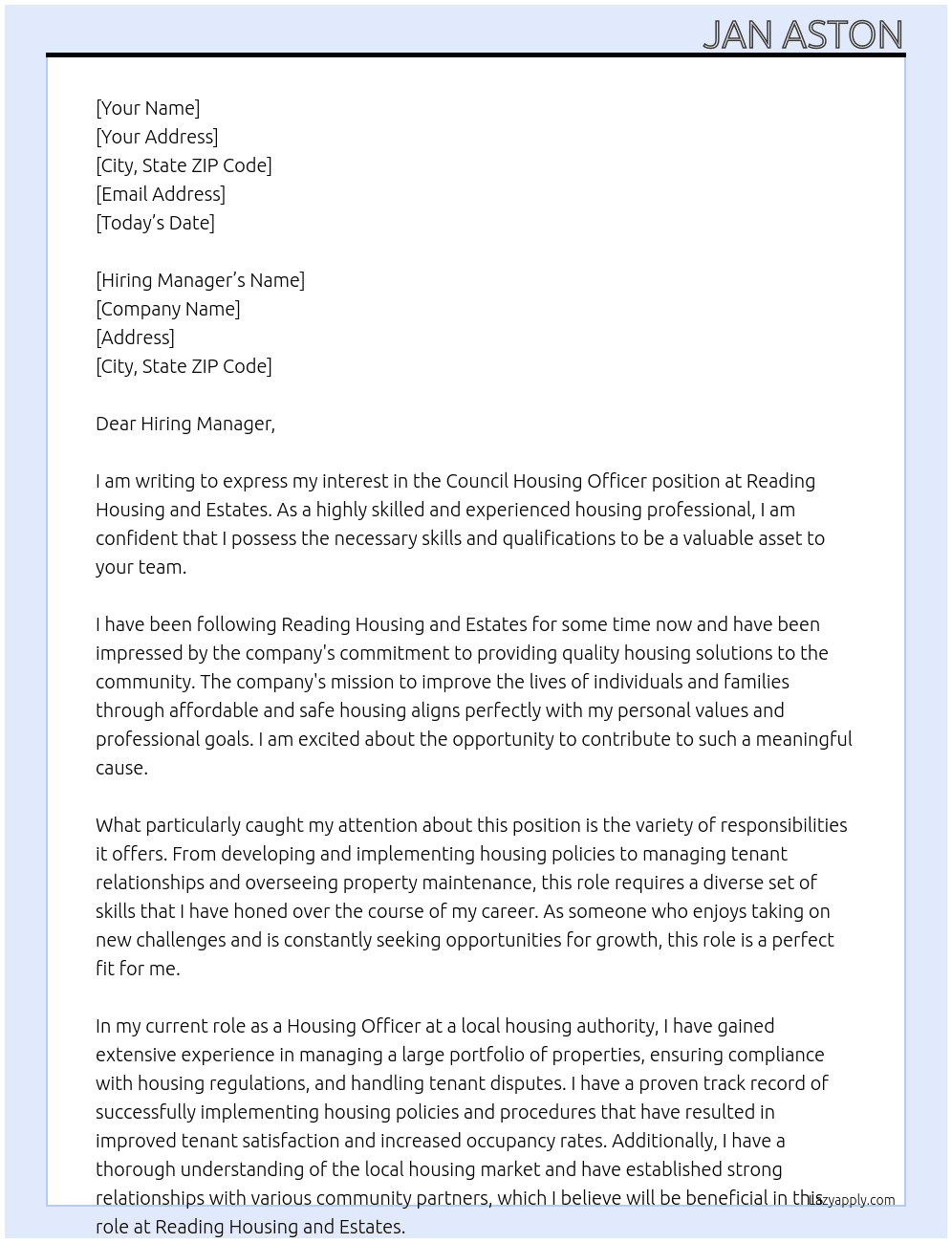 Council Housing officer At Reading Housing and Estates Cover Letter