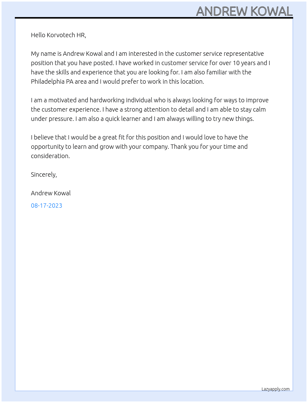 Customer service representative  At Korvotech Cover Letter
