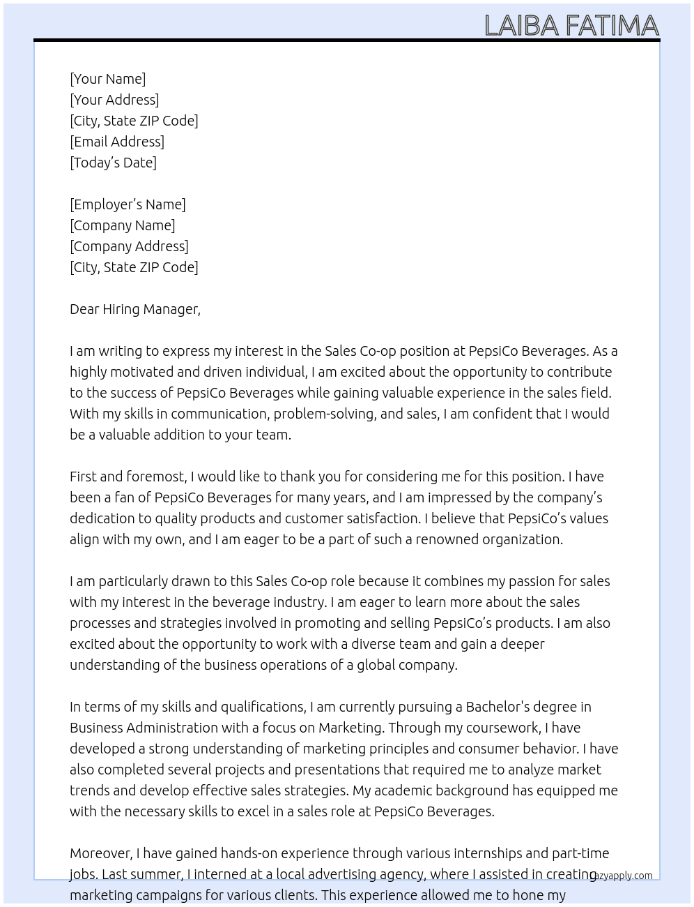  Sales Co-op At PepsiCo Beverages Cover Letter