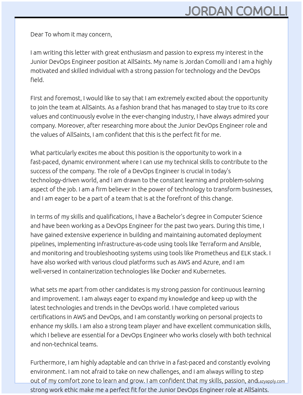 Junior DevOps Engineer At AllSaints Cover Letter