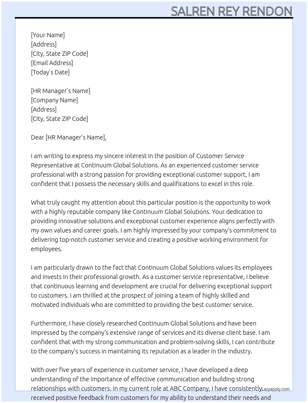 Customer service representative At Continuum Global Solutions Cover Letter