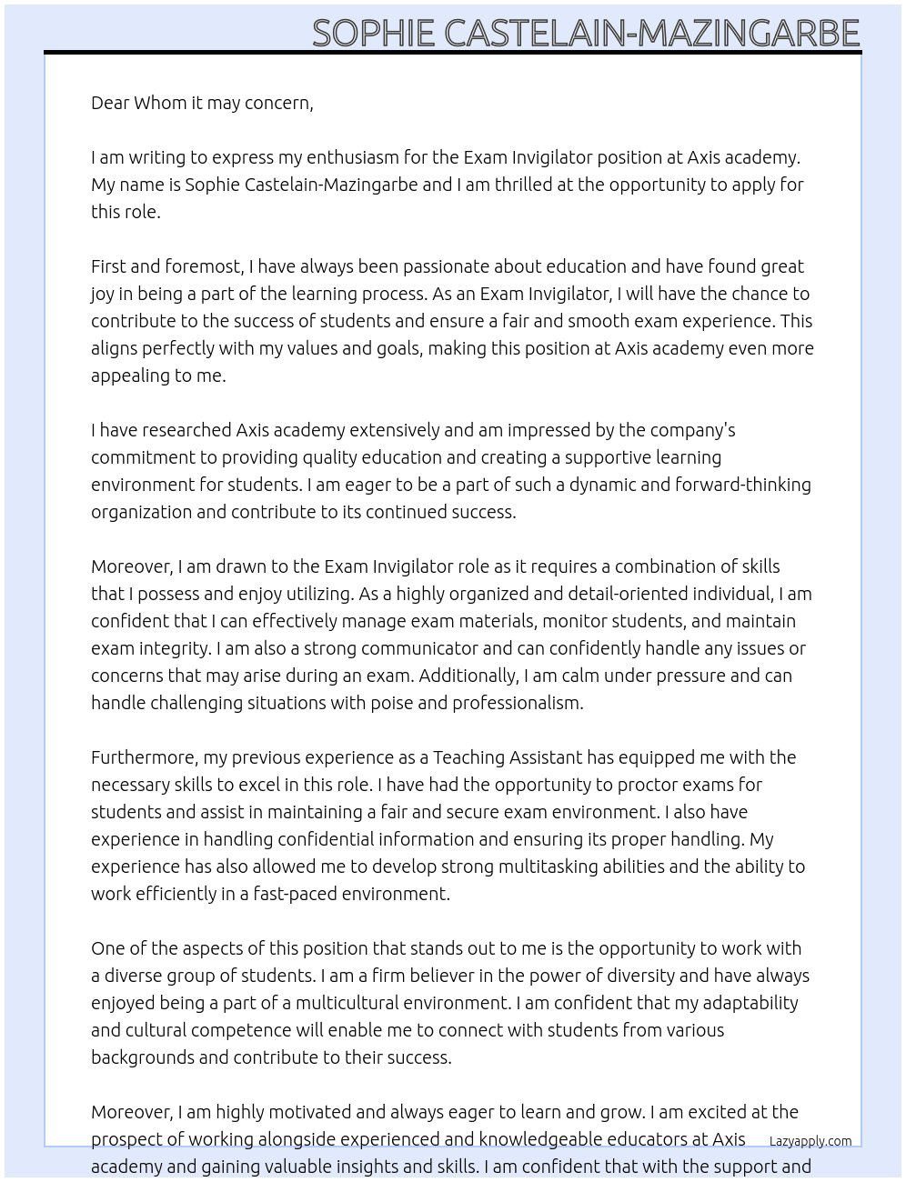 Exam invigilator  At Axis academy Cover Letter