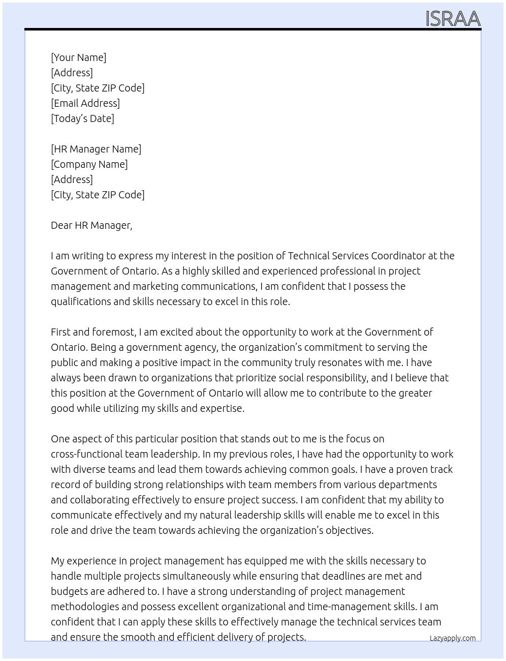Technical Services Coordinator At Government of Ontario Cover Letter