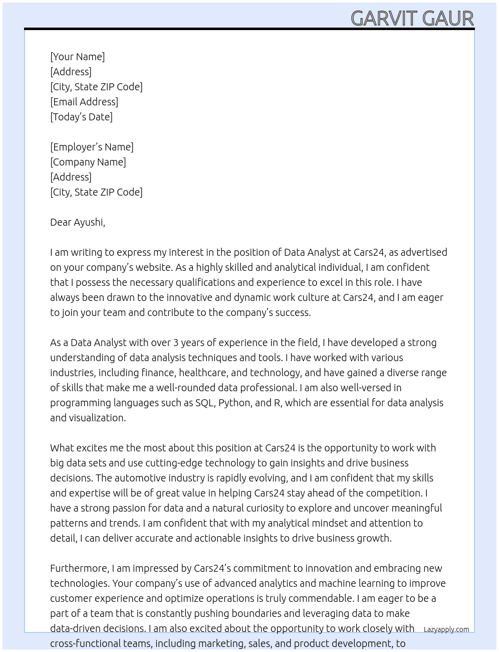 Data Analyst At Cars24 Cover Letter