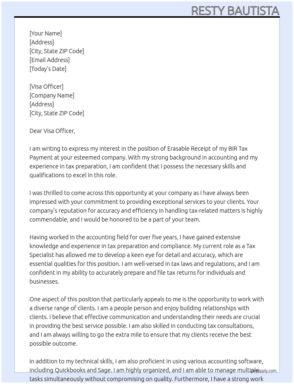 Erasable receipt of my bir tax payment At Visa Officer Cover Letter