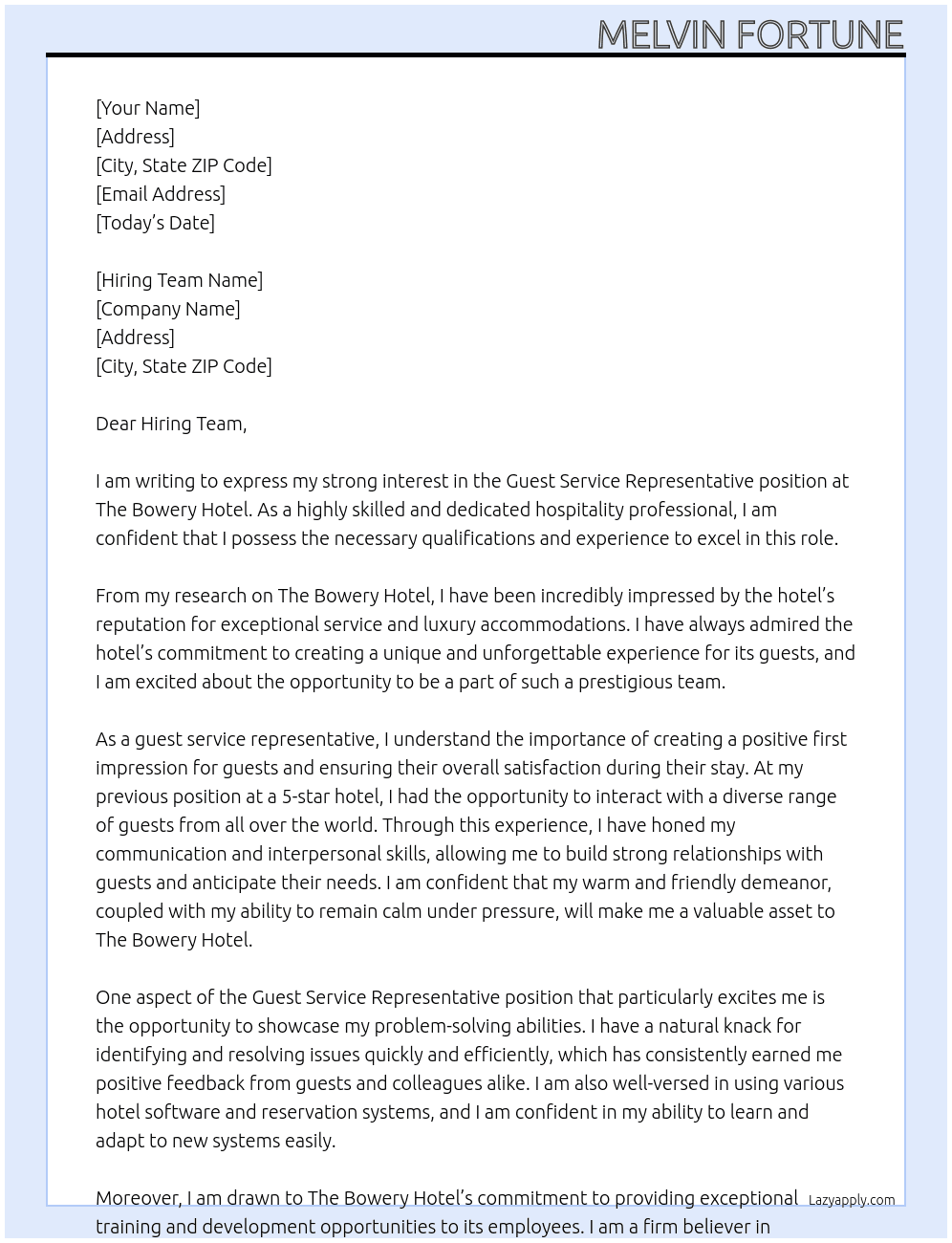 Guest service representative At The Bowery Hotel Cover Letter