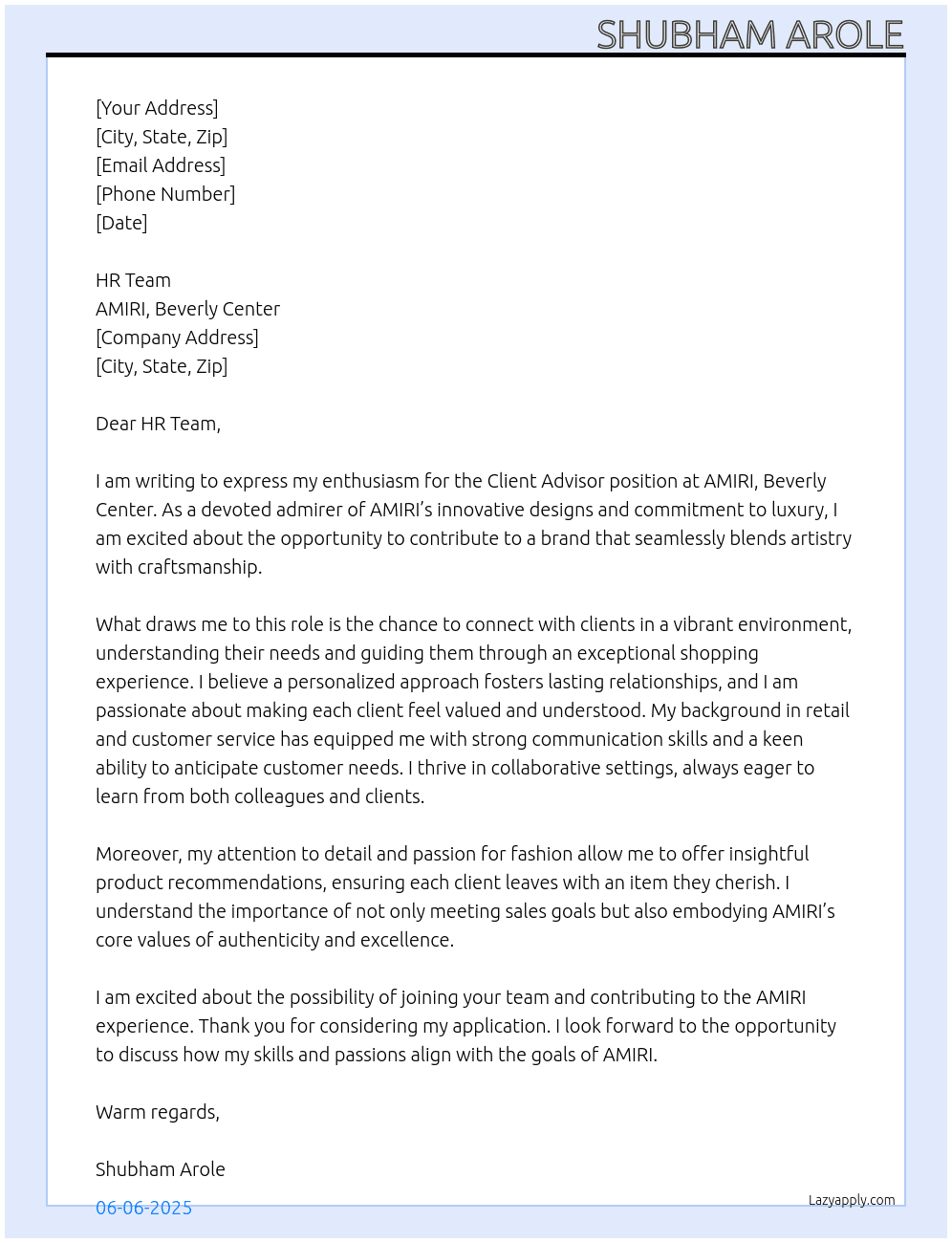 Cover letter for client advisor - LazyApply