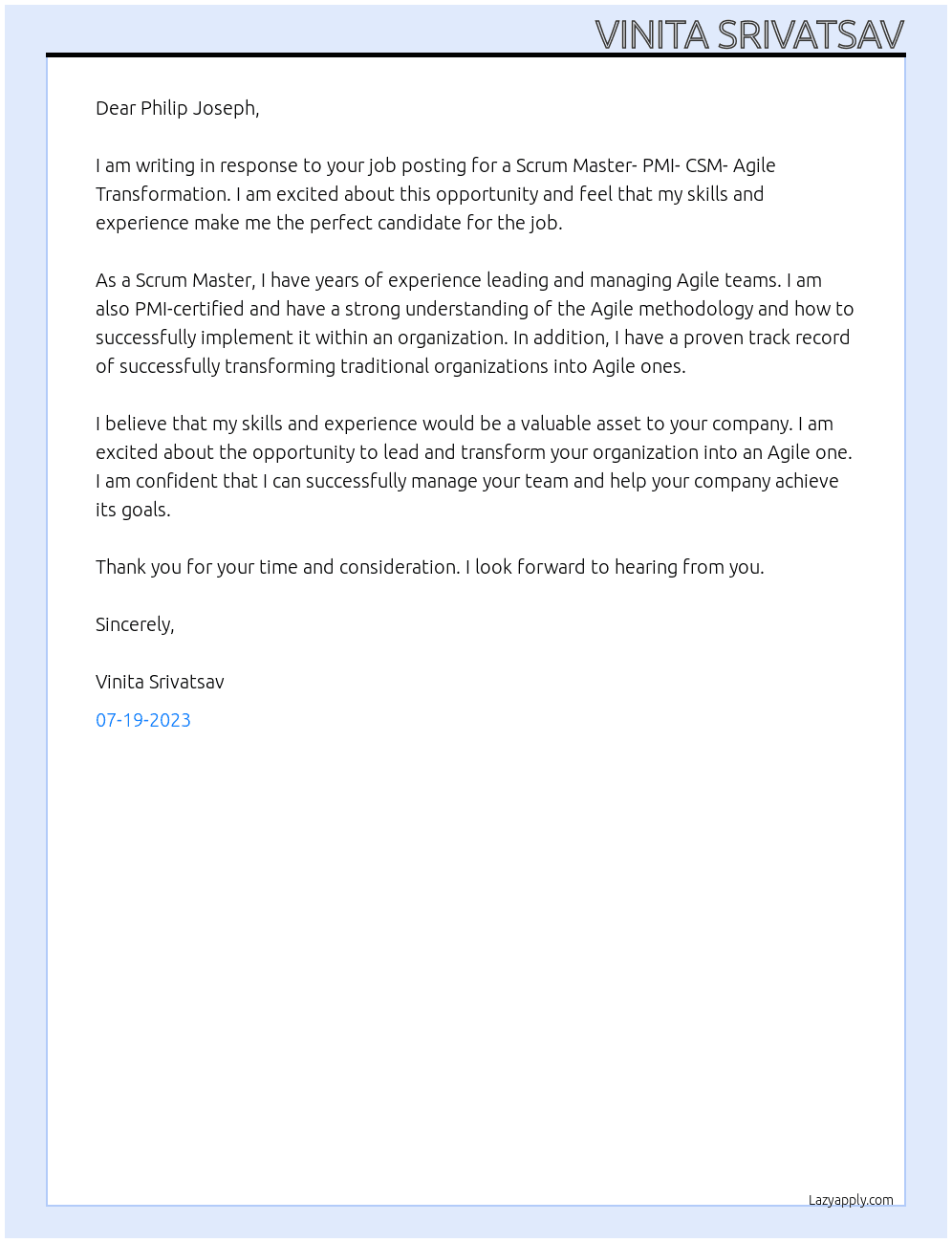 Scrum Master- PMI- CSM- Agile Transformation At Cigniti Cover Letter