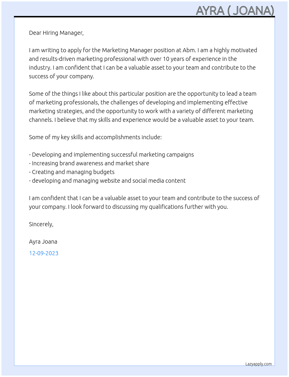 Marketing Manager  At Abm Cover Letter