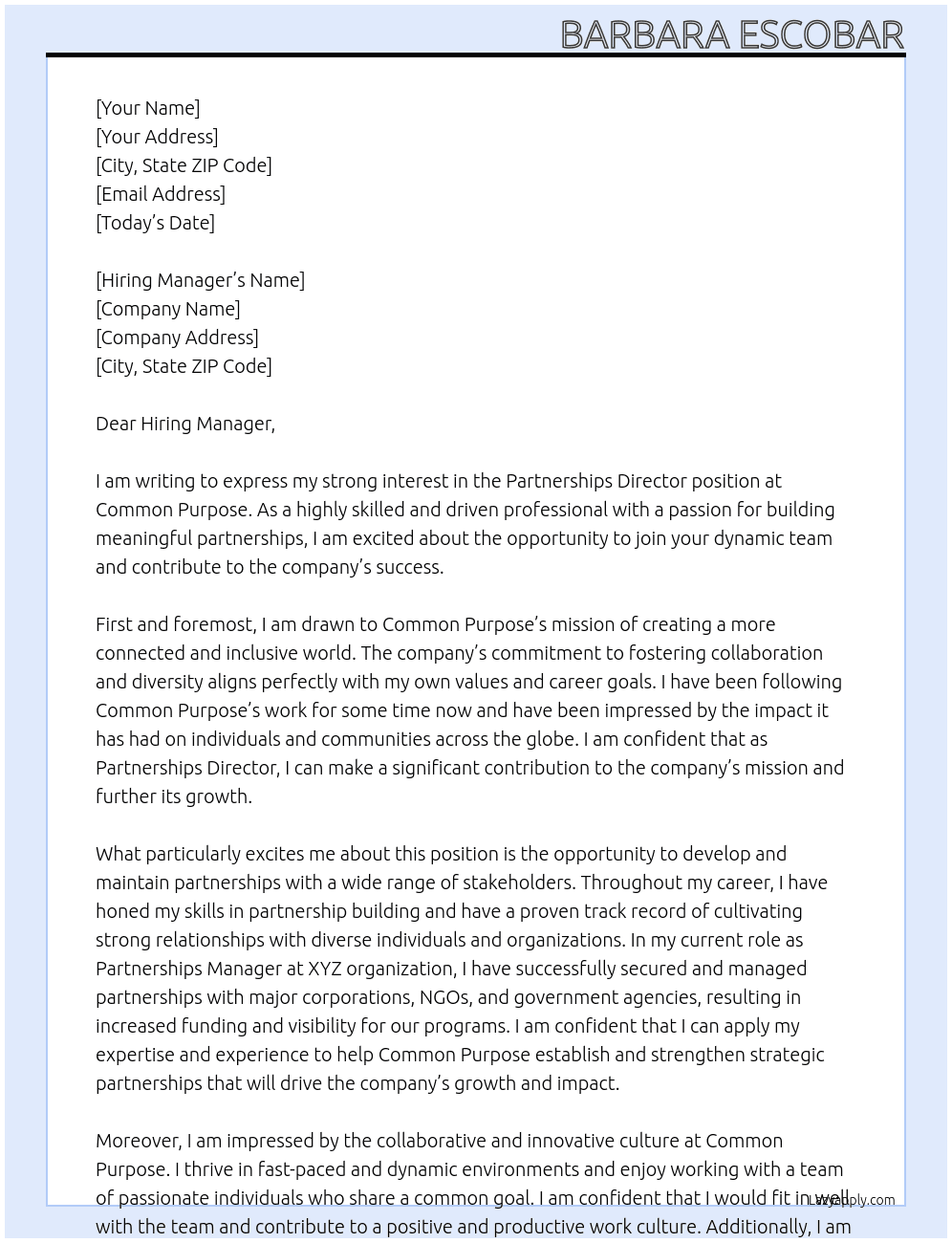 Partnerships Director - US At Common Purpose Cover Letter