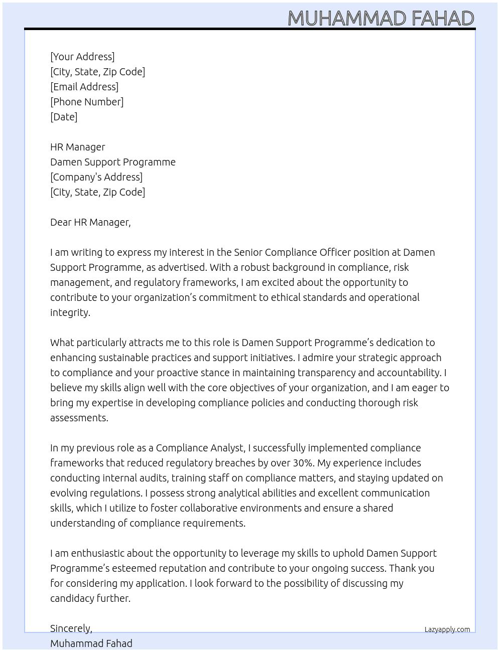 Senior Compliance Officer At Damen Support Programme Cover Letter