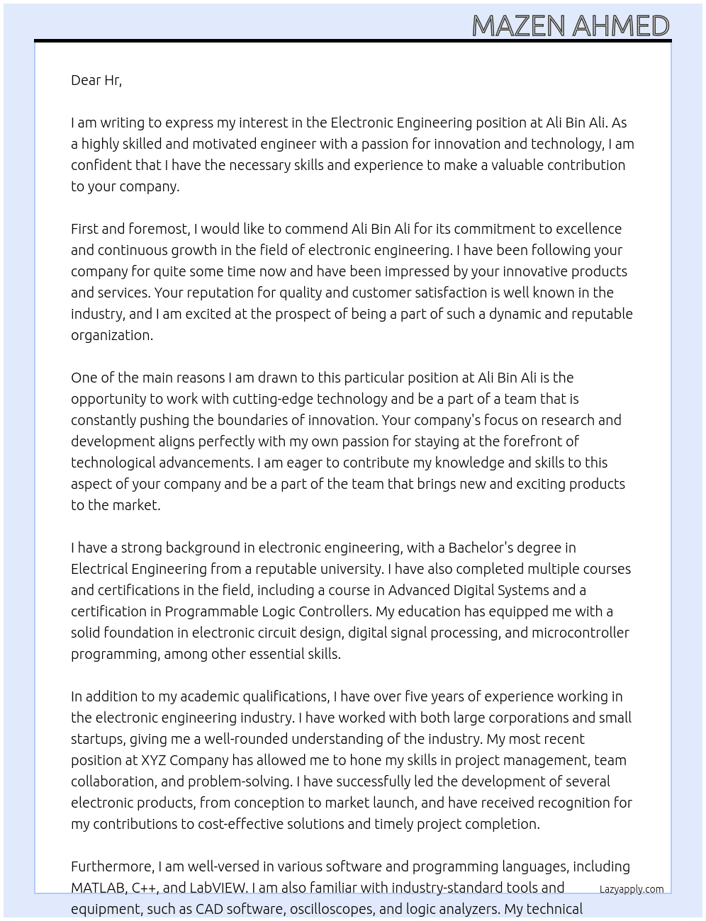 Electronic engineering  At Ali bin ali Cover Letter