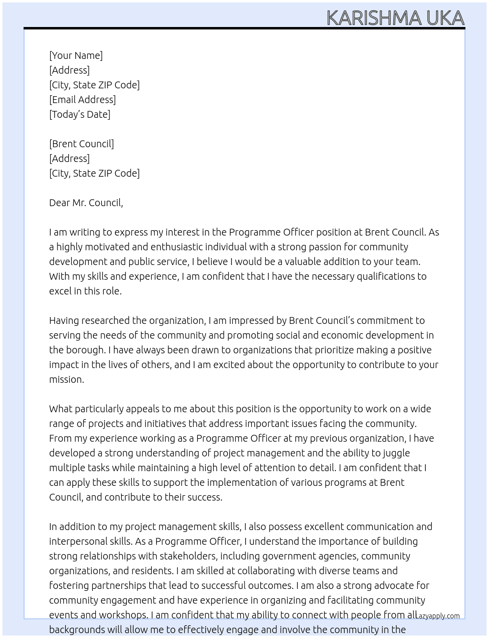 Programme Officer At Brent Council Cover Letter