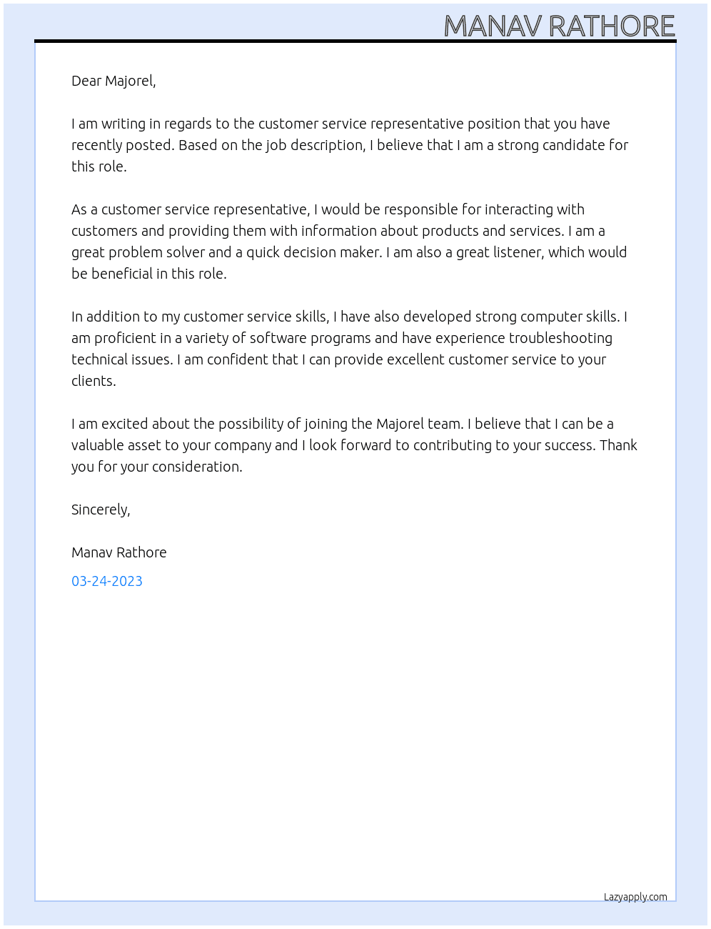 customer service representative  At Majorel  Cover Letter