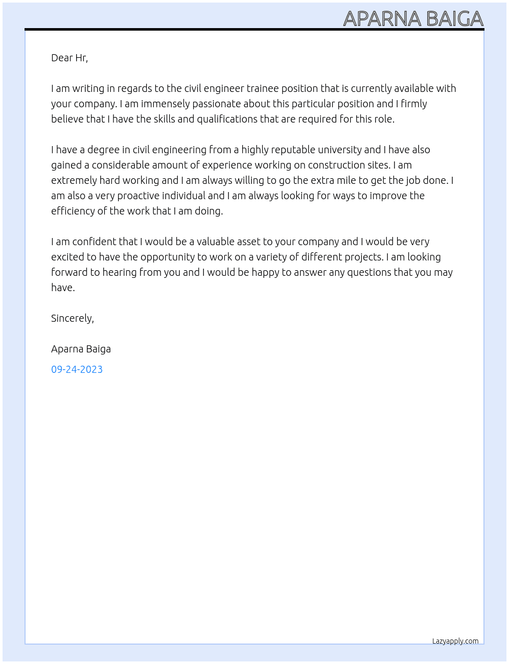 Civil engineer trainee At Hwakins cookers Cover Letter