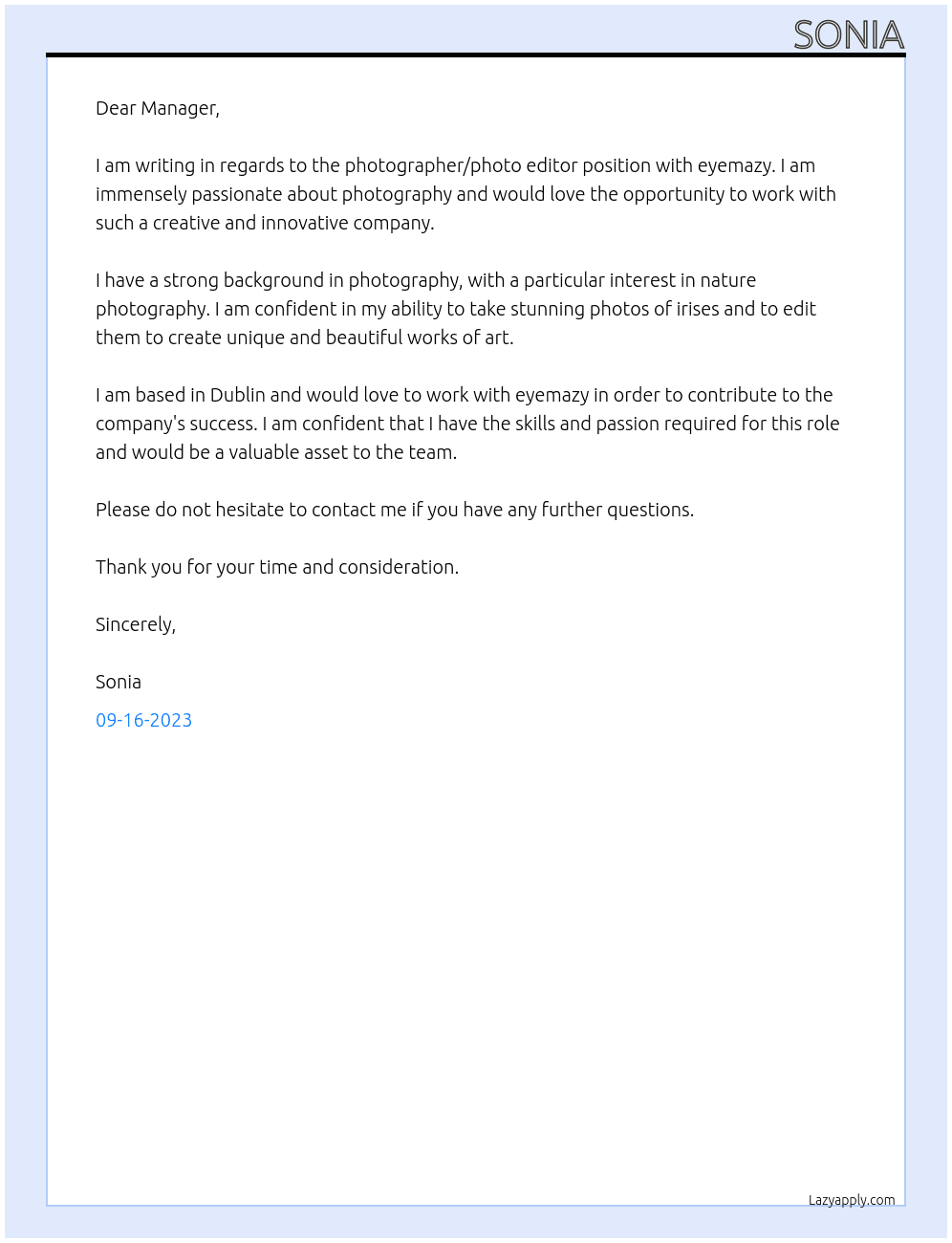 photographer/photo editor  At eyemazy Cover Letter