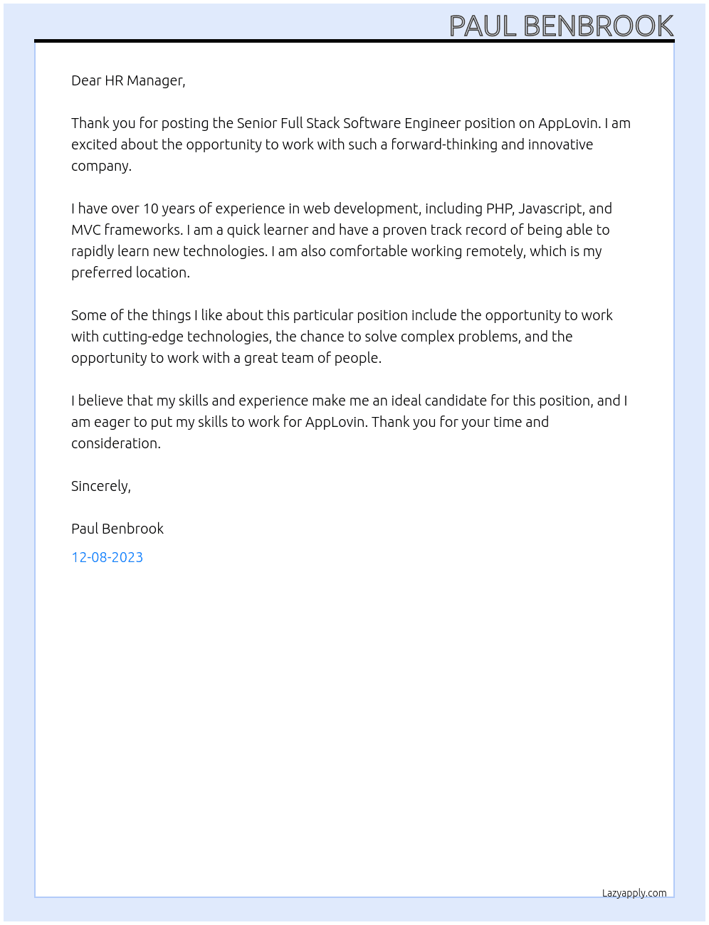 Senior Full Stack Software Engineer At AppLovin Cover Letter