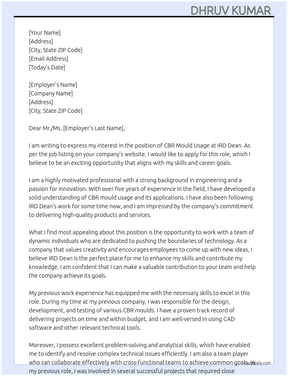Application for usage of CBR mould  At IRD dean  Cover Letter