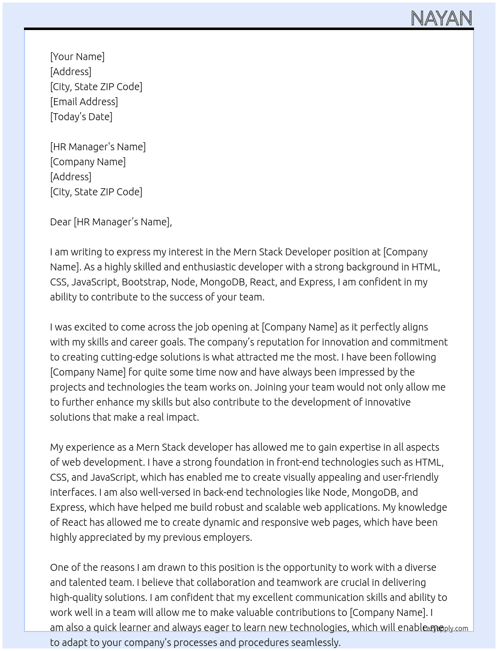 Mern Stack developer At xyz Cover Letter