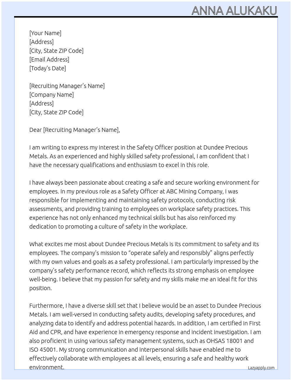 safety officer At Dundee precious metal Cover Letter