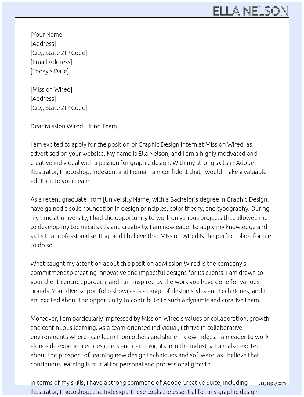 Graphic Design Intern At Mission Wired Cover Letter