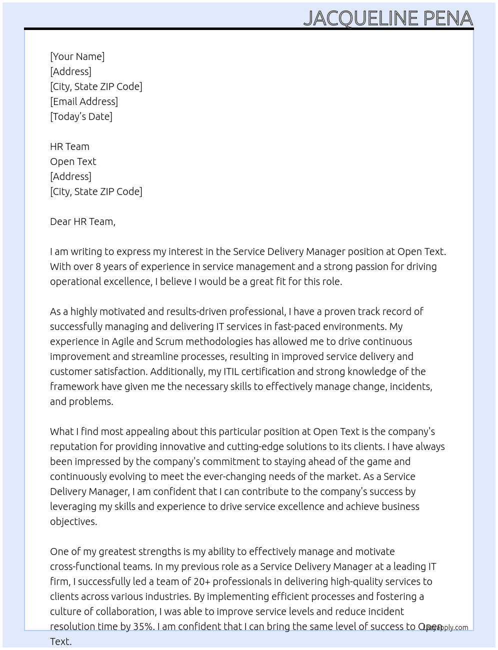 Service Delivery Manager At Open Text Cover Letter