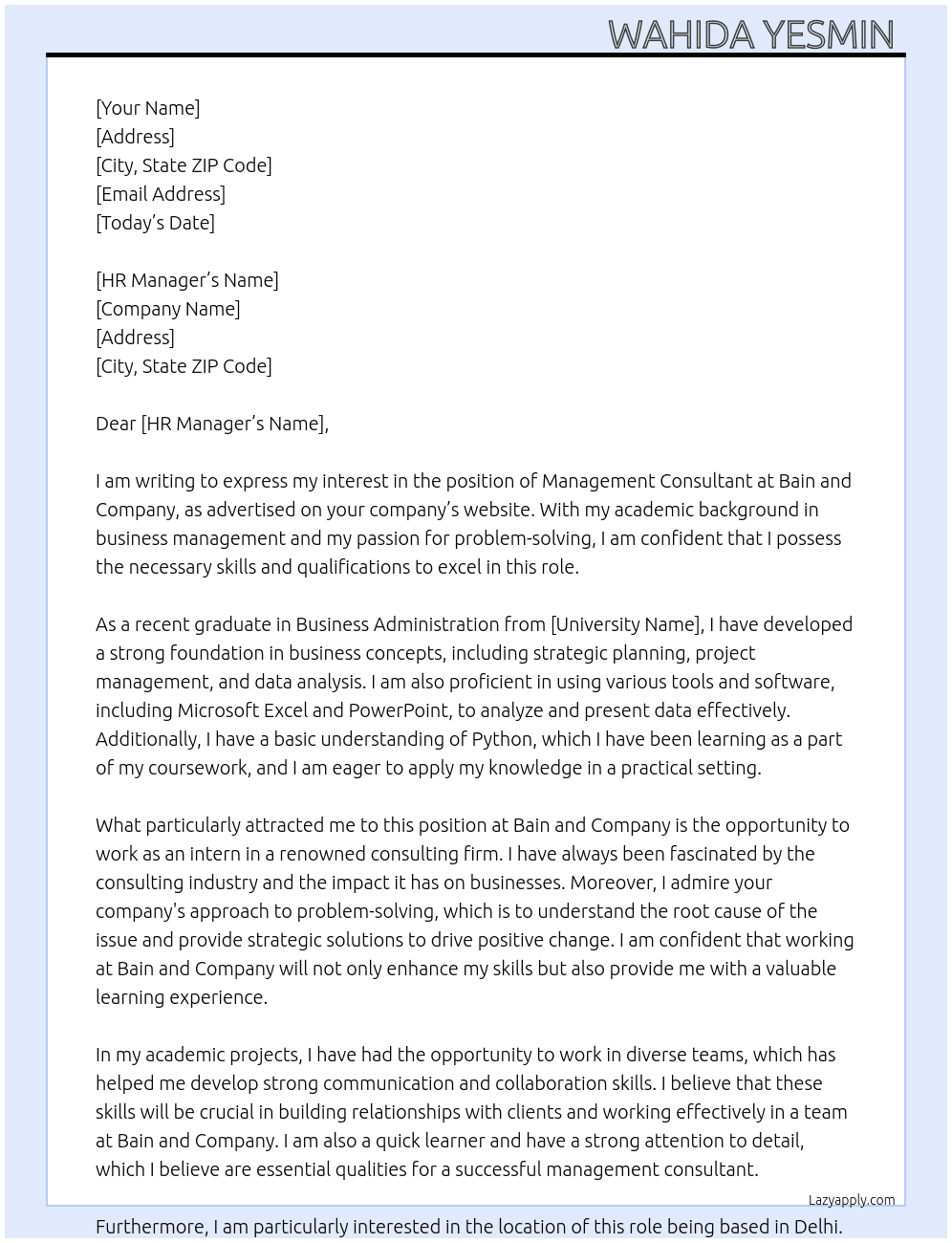 Management consultant  At Bain and company  Cover Letter