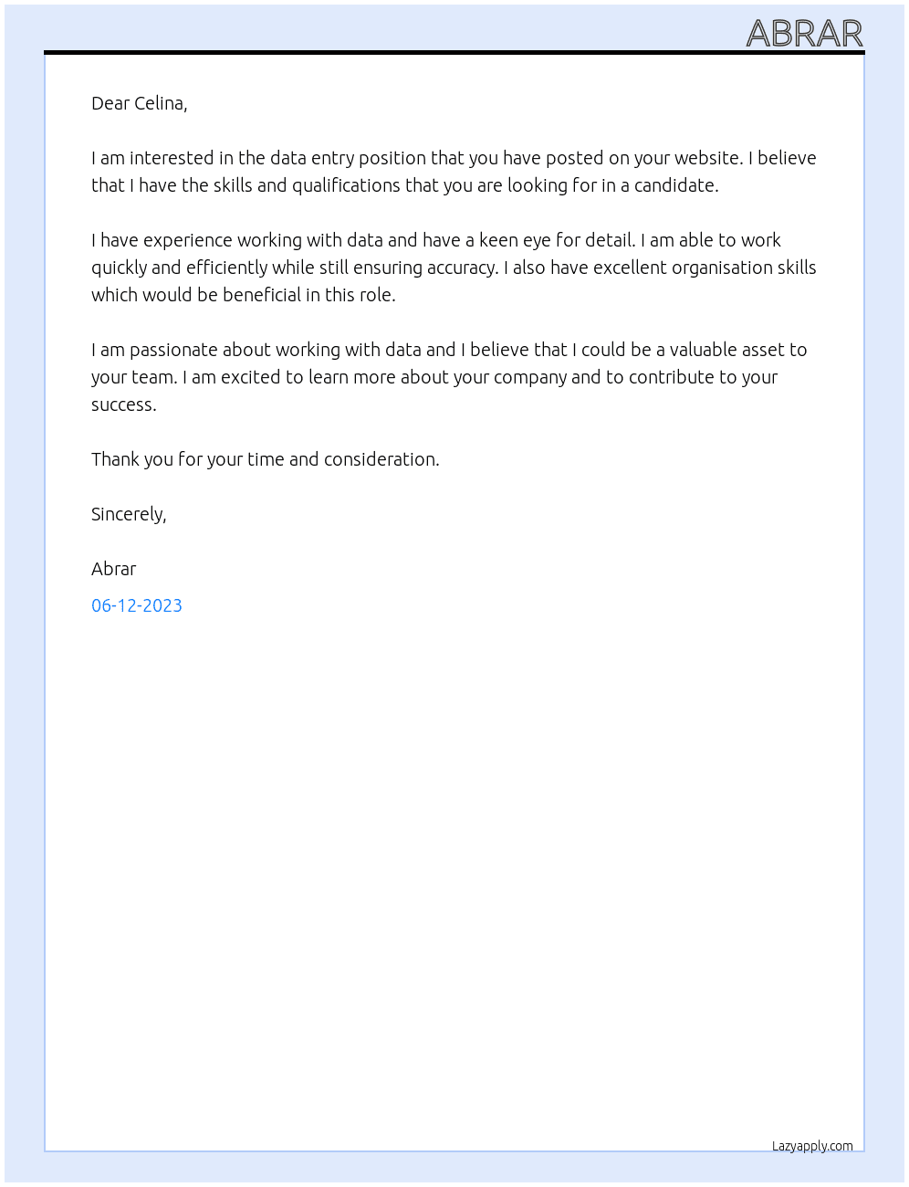 data entry At Celina Cover Letter