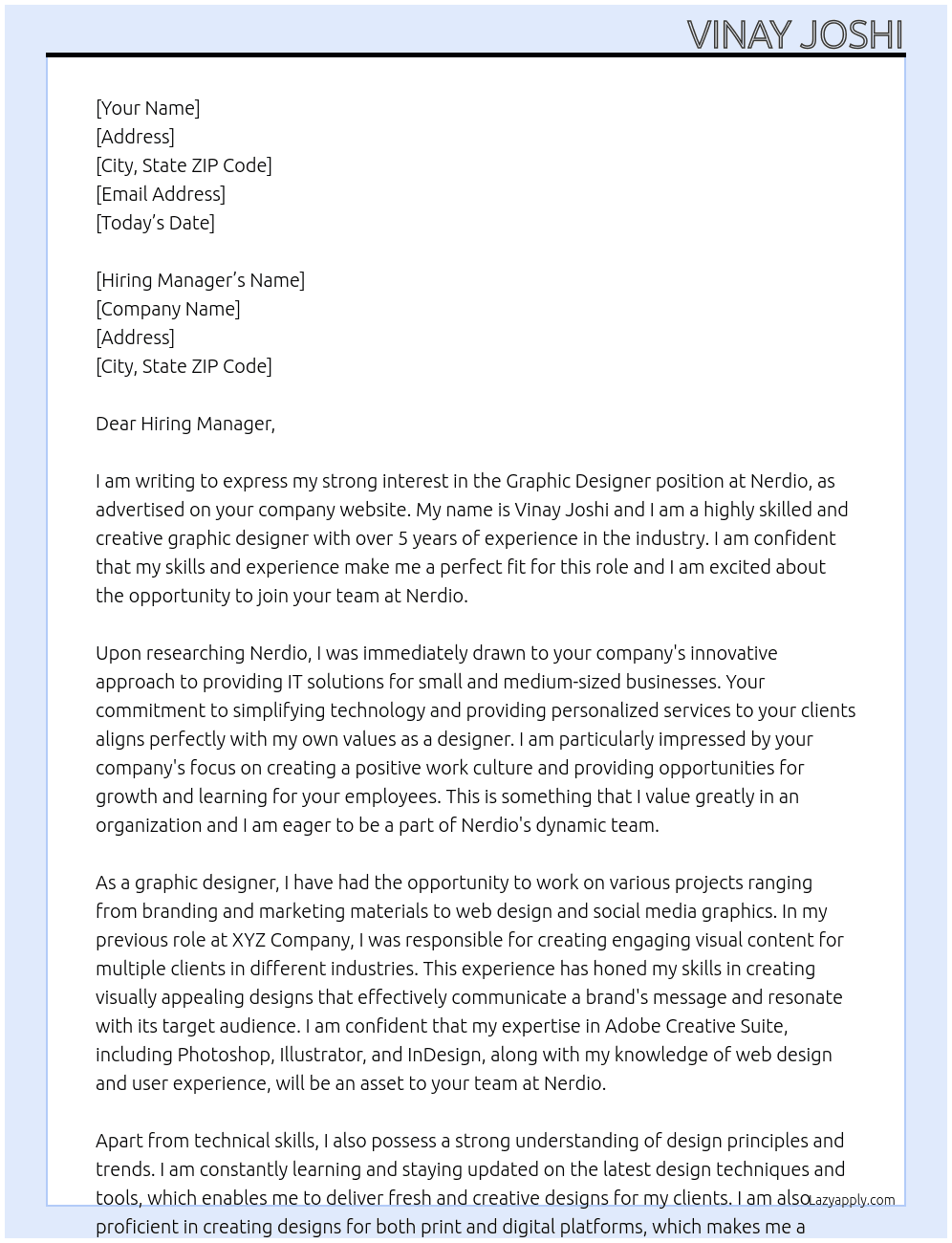 Graphic designer At Nerdio Cover Letter