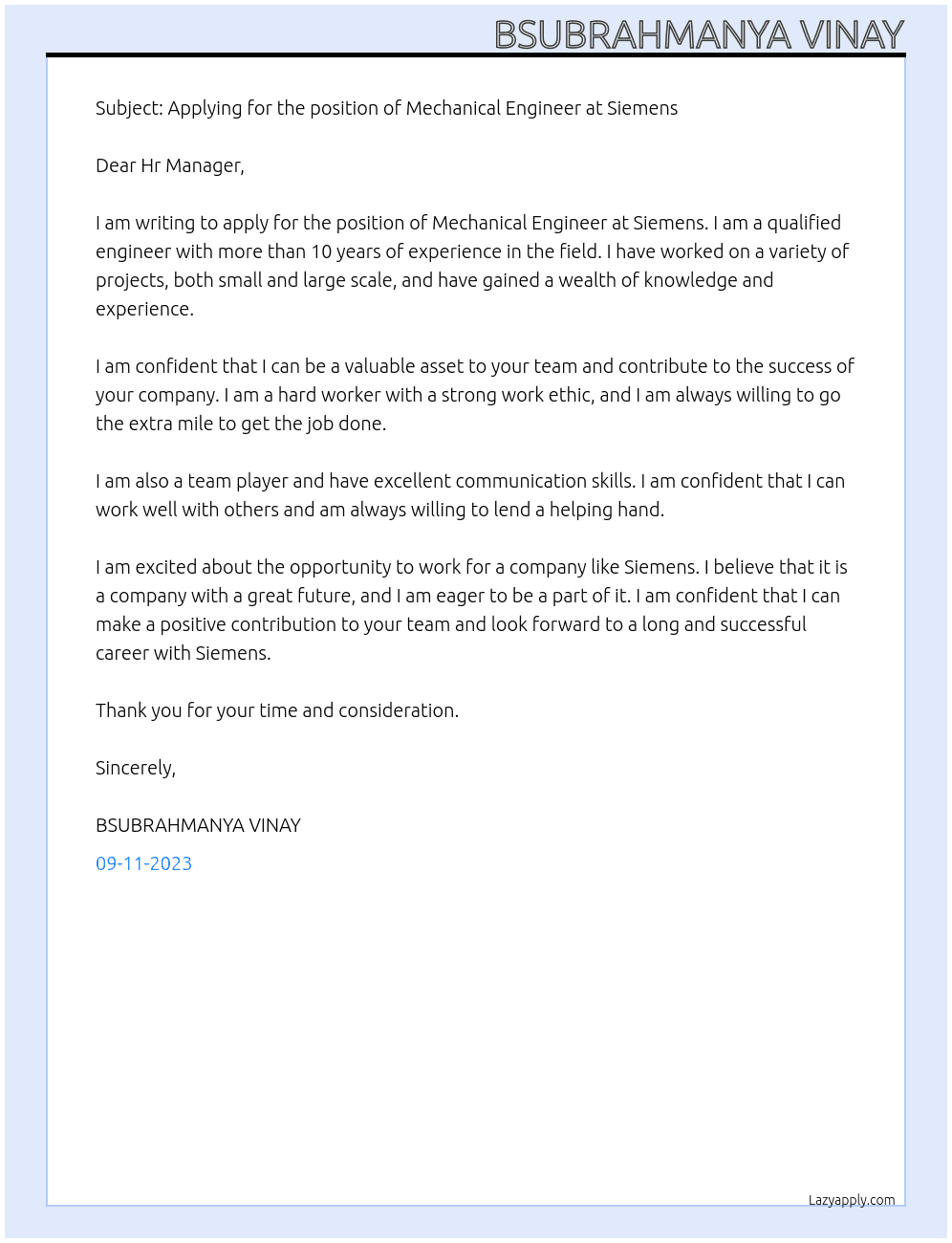 Mechanical At Siemens Cover Letter
