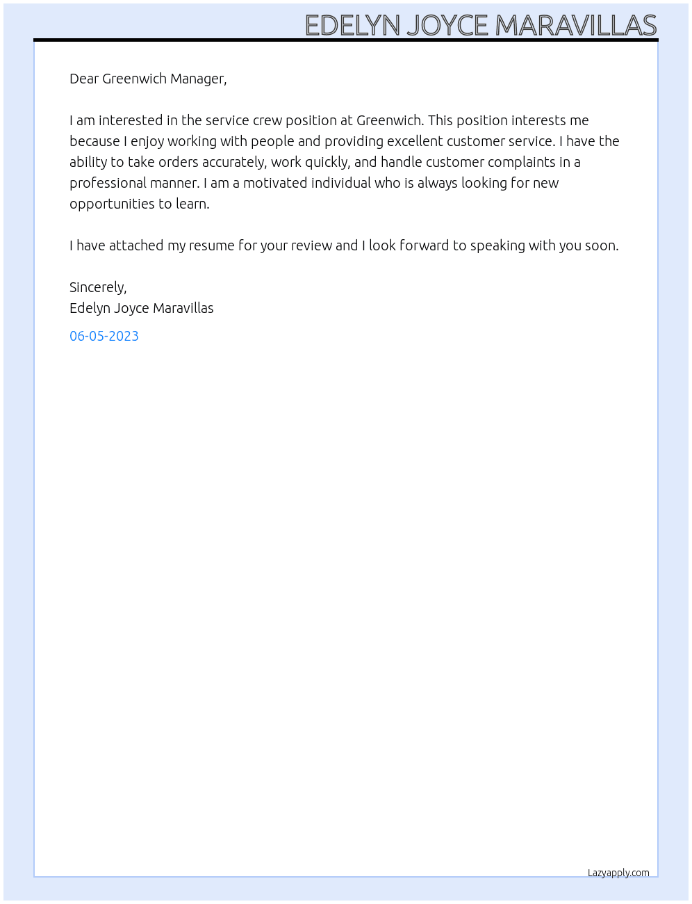 Service crew At Greenwich Cover Letter