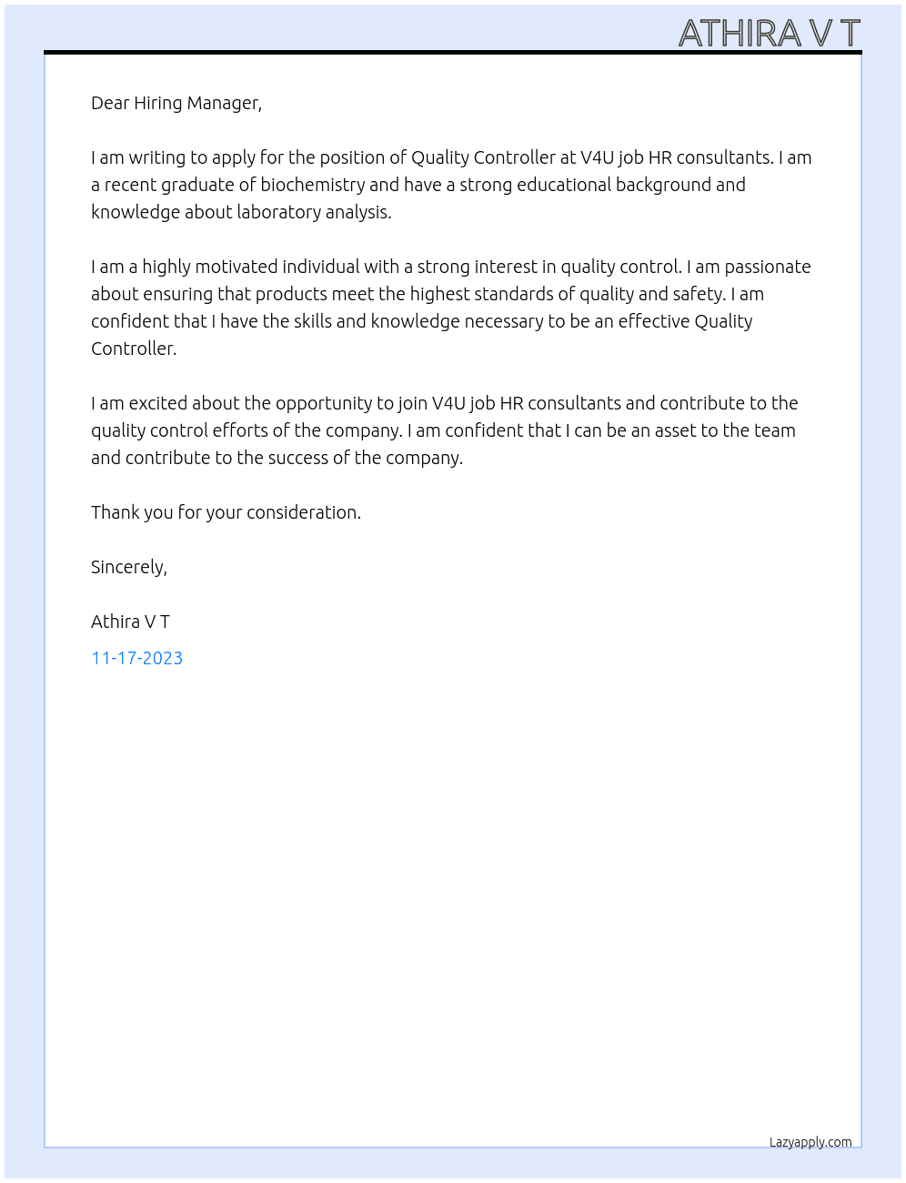 Quality contoller At V4U job HR consultants Cover Letter
