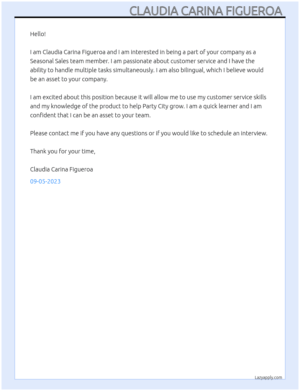 Seasonal Sales team member  At Party City  Cover Letter