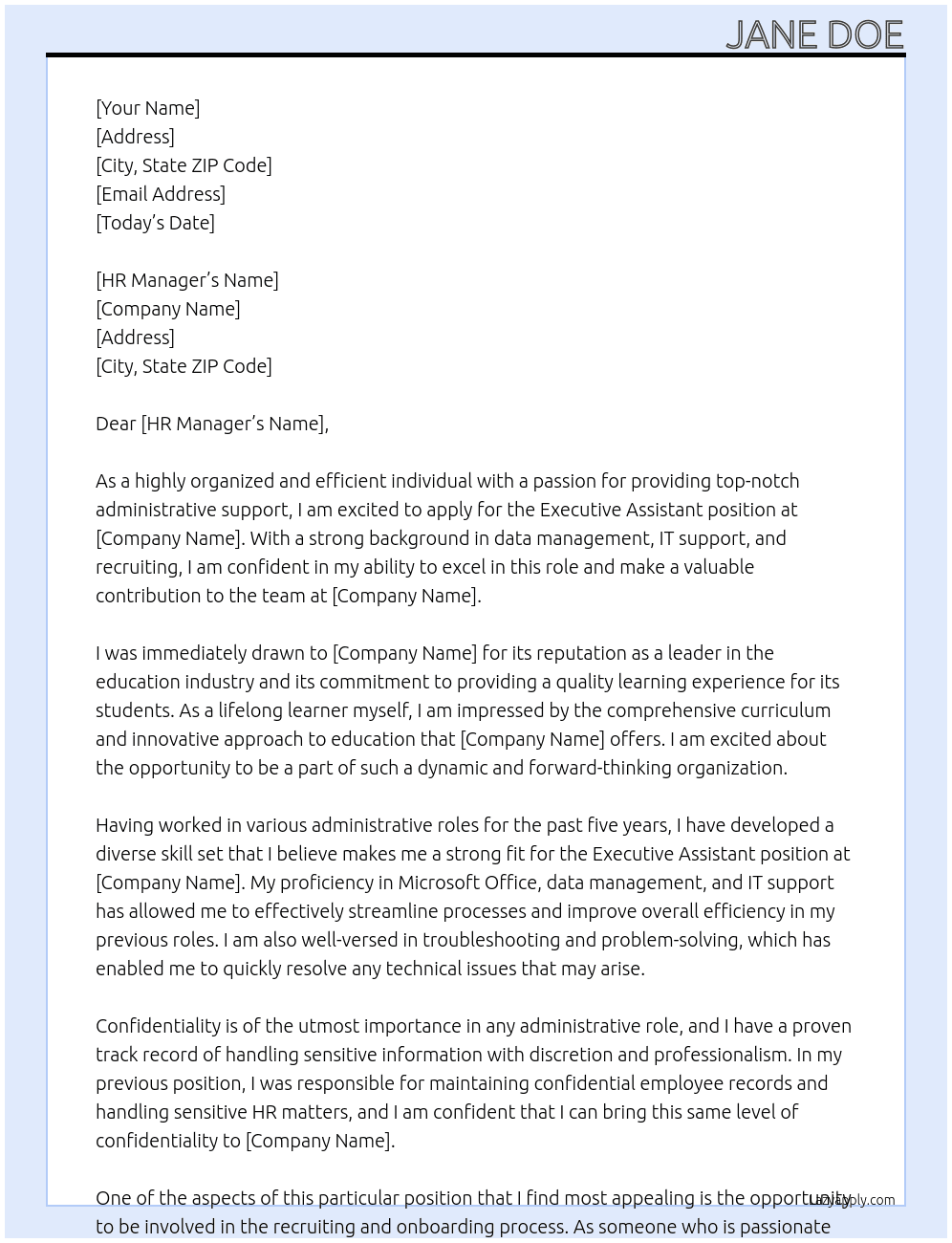 Executive Assistant At SCHOOLNAME HERE Cover Letter