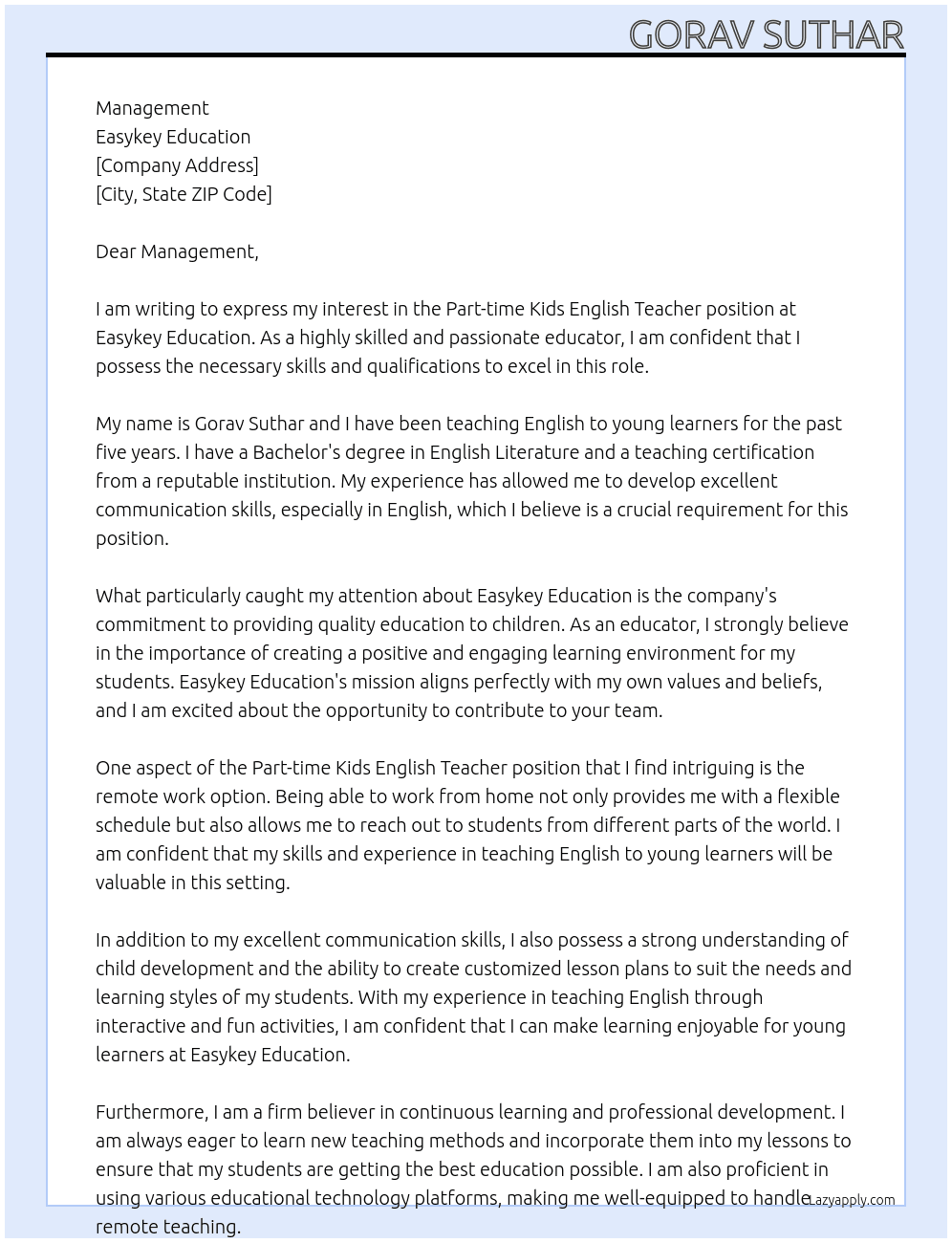 Part-time Kids English Teacher At  Easykey Education Cover Letter