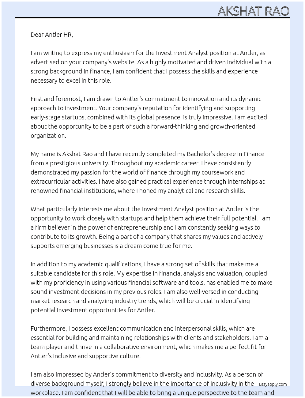 Invesment Analayst At Antler Cover Letter