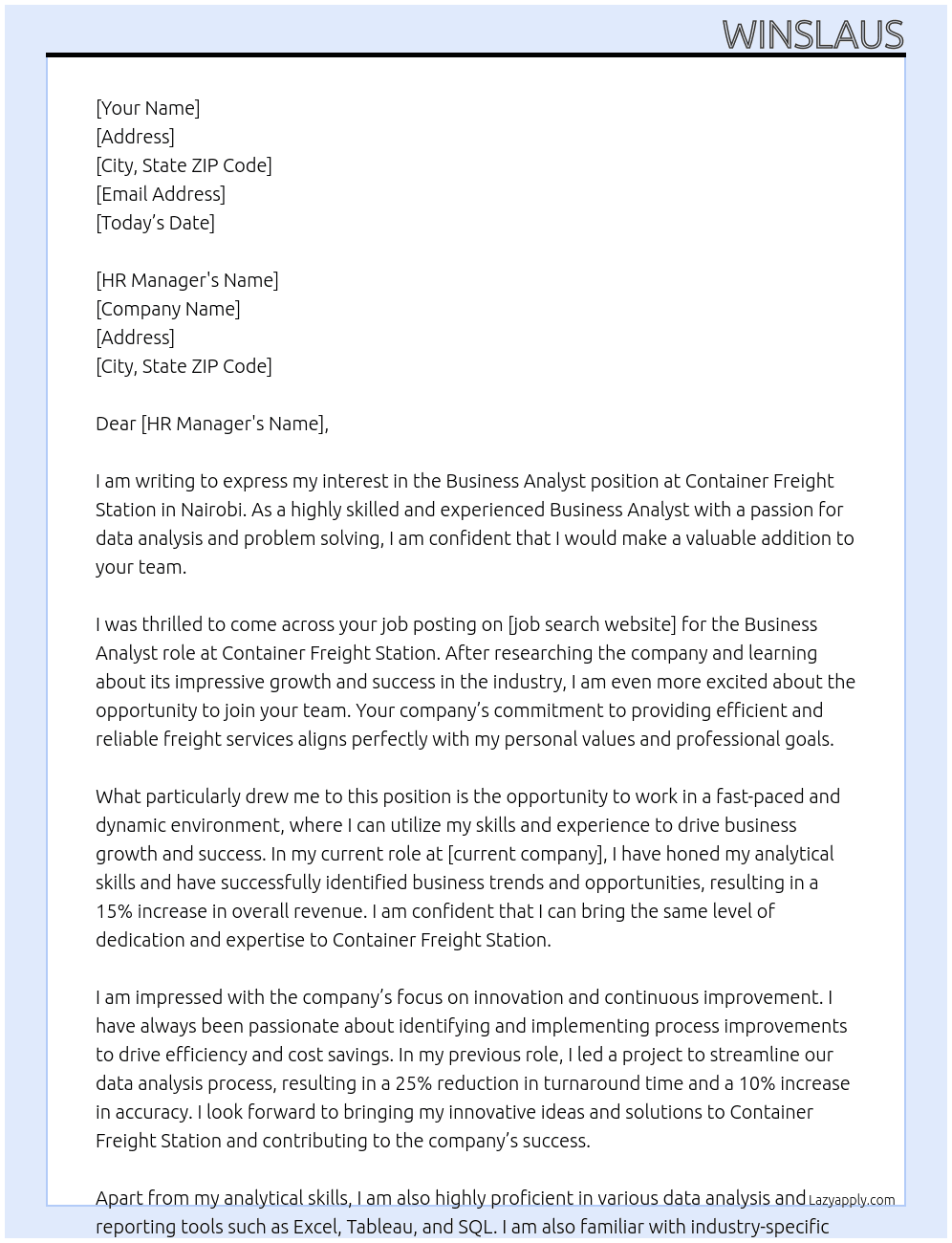 business analyst At container freight station in nairobi Cover Letter