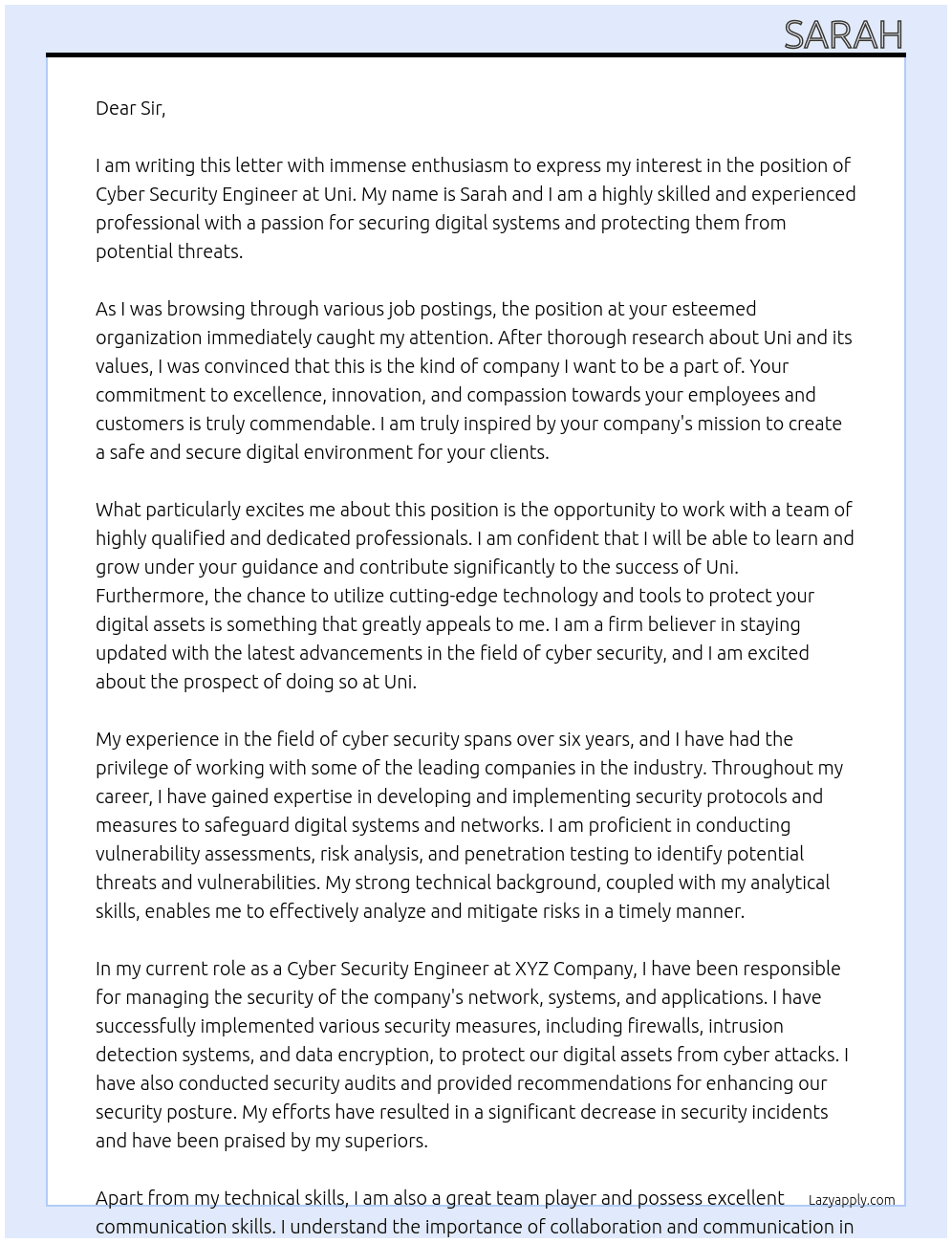 Cyber Security Engineer At Uni Cover Letter