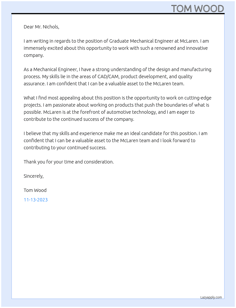 Graduate Mechanical Engineer At McLaren Cover Letter