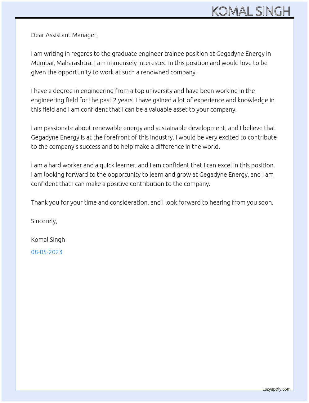 Graduate engineer trainee  At Gegadyne Energy  Mumbai, Maharashtra Cover Letter