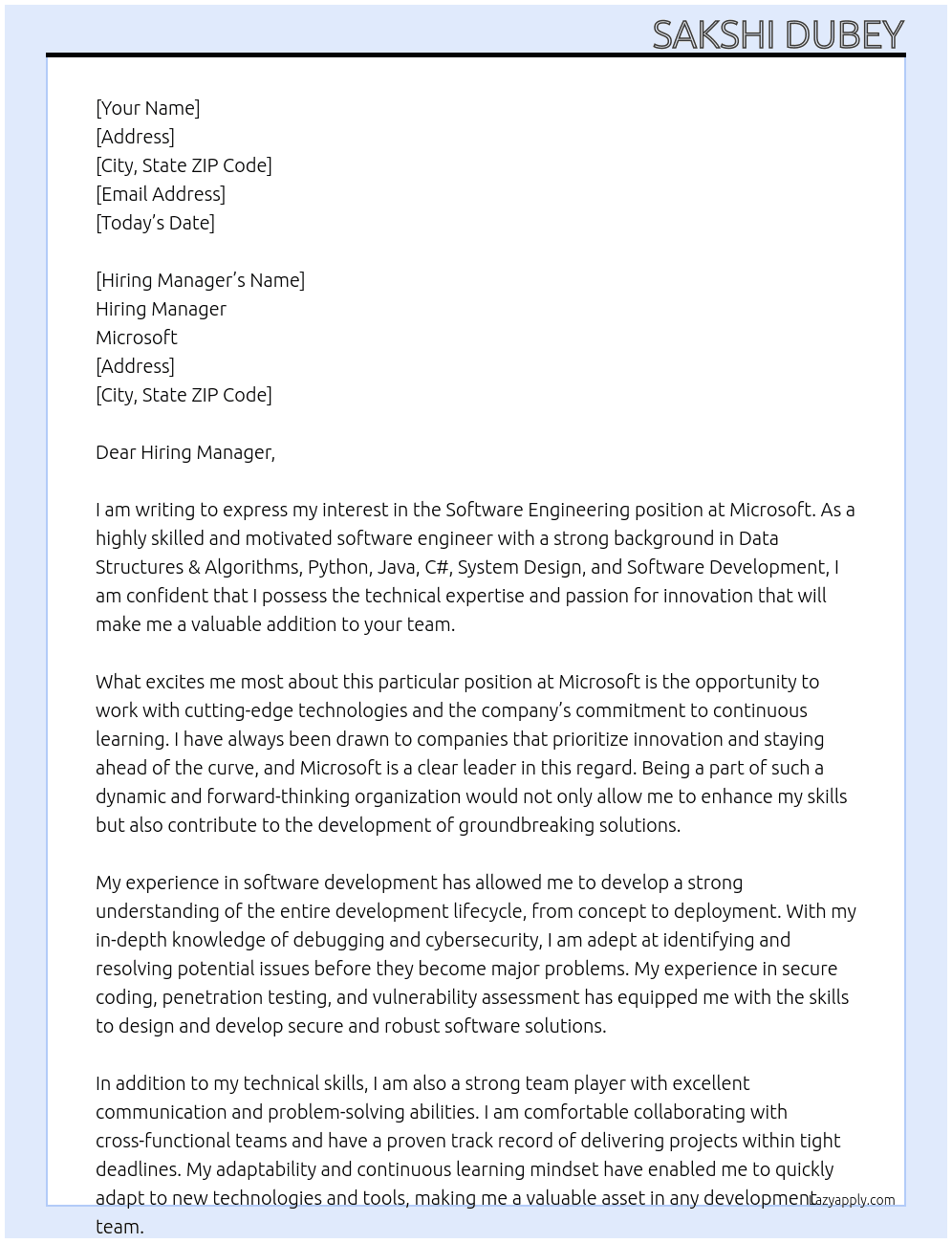 Software Engineering At microsoft Cover Letter