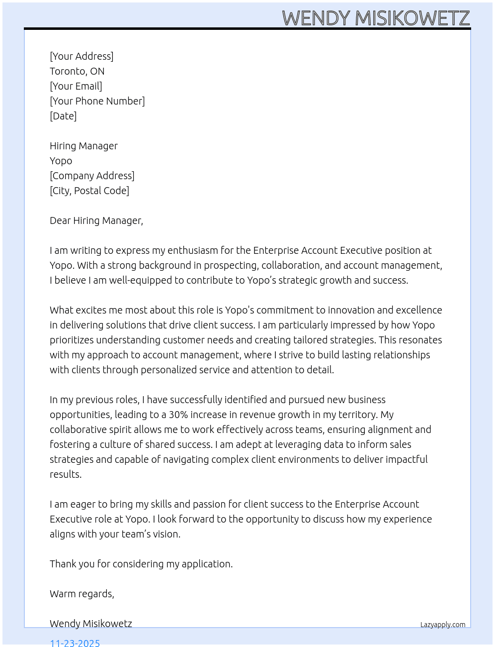 Enterprise Account Executive At Yopo Cover Letter