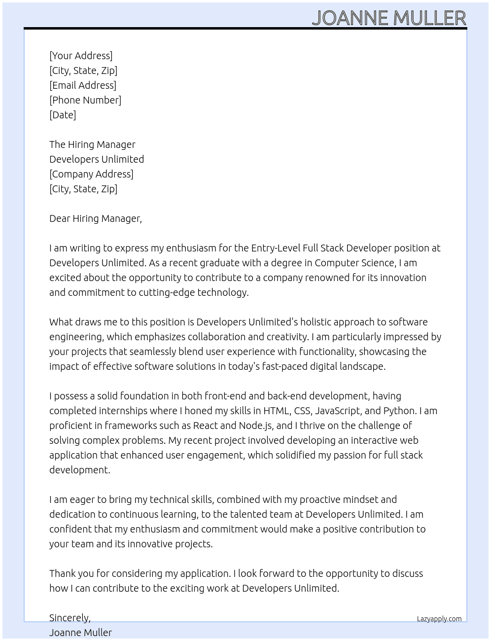 entry level full stack developer software engineering engineering At Developers unlimited Cover Letter
