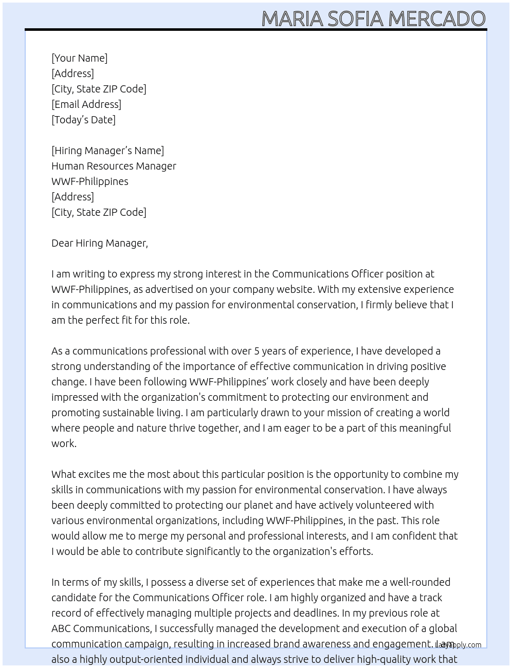 Communications Officer At WWF-Philippines Cover Letter