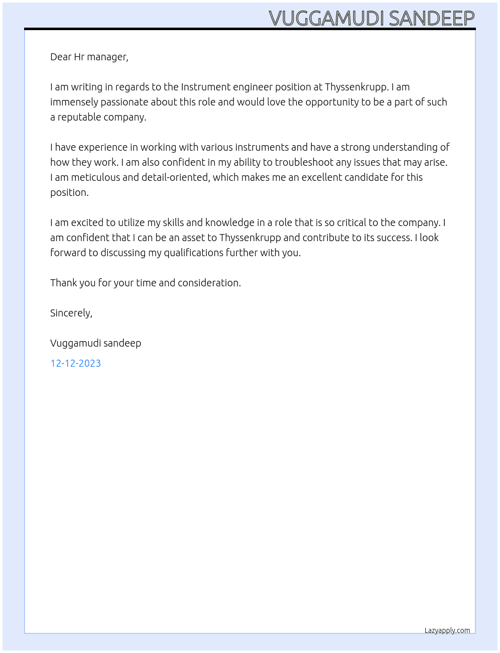 Instrument engineer At Thyssenkrupp Cover Letter
