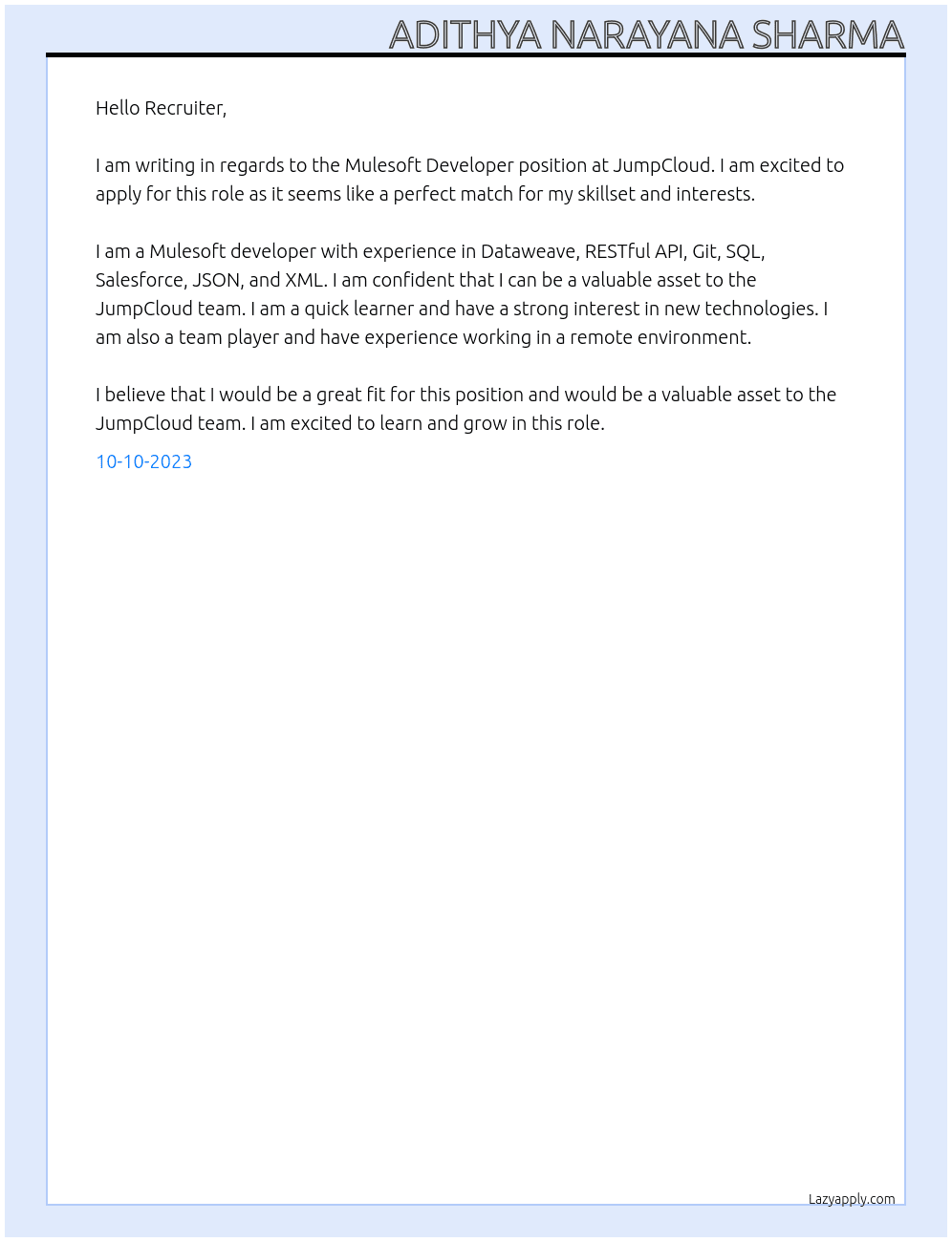 Mulesoft Developer At JumpCloud Cover Letter